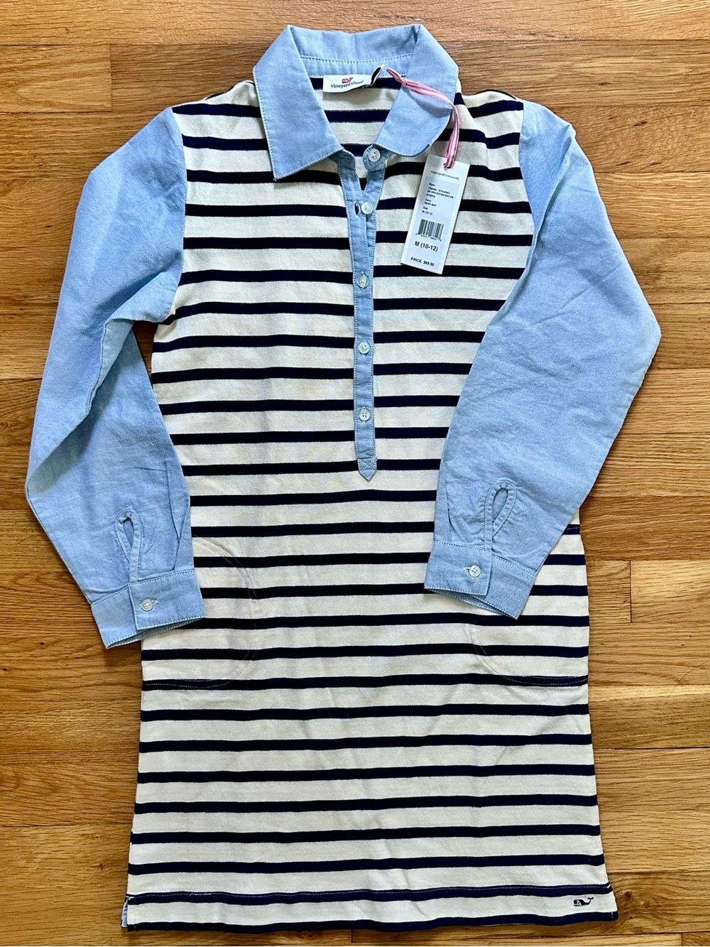 NWT Vineyard Vines Girls Striped Polo Shirt Dress with Chambray Sleeves